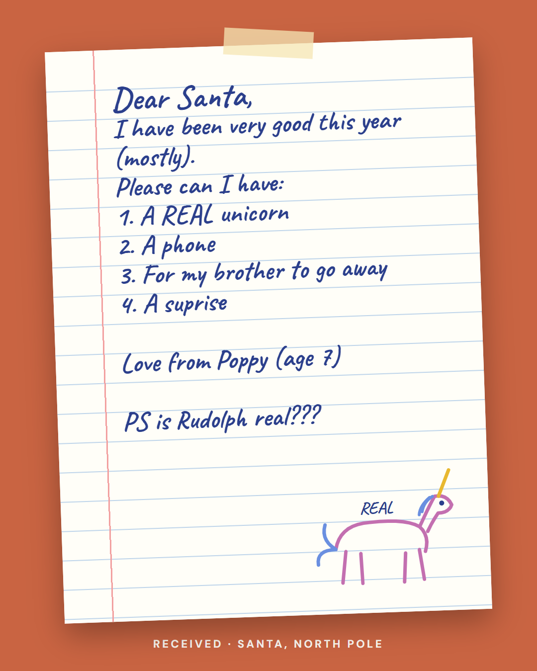 Poppy's handwritten letter to Santa
