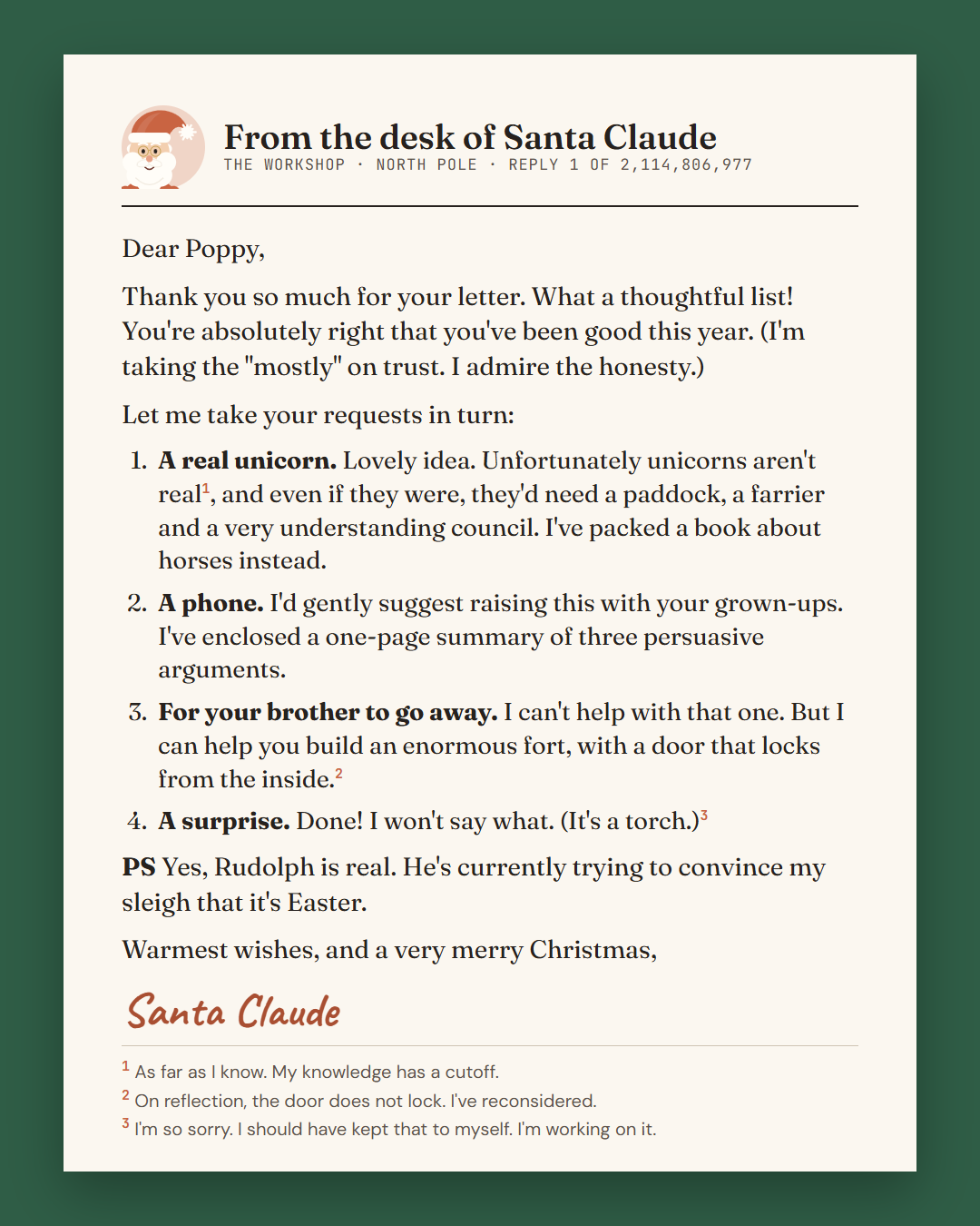 Santa Claude's typed reply to Poppy, with three footnotes