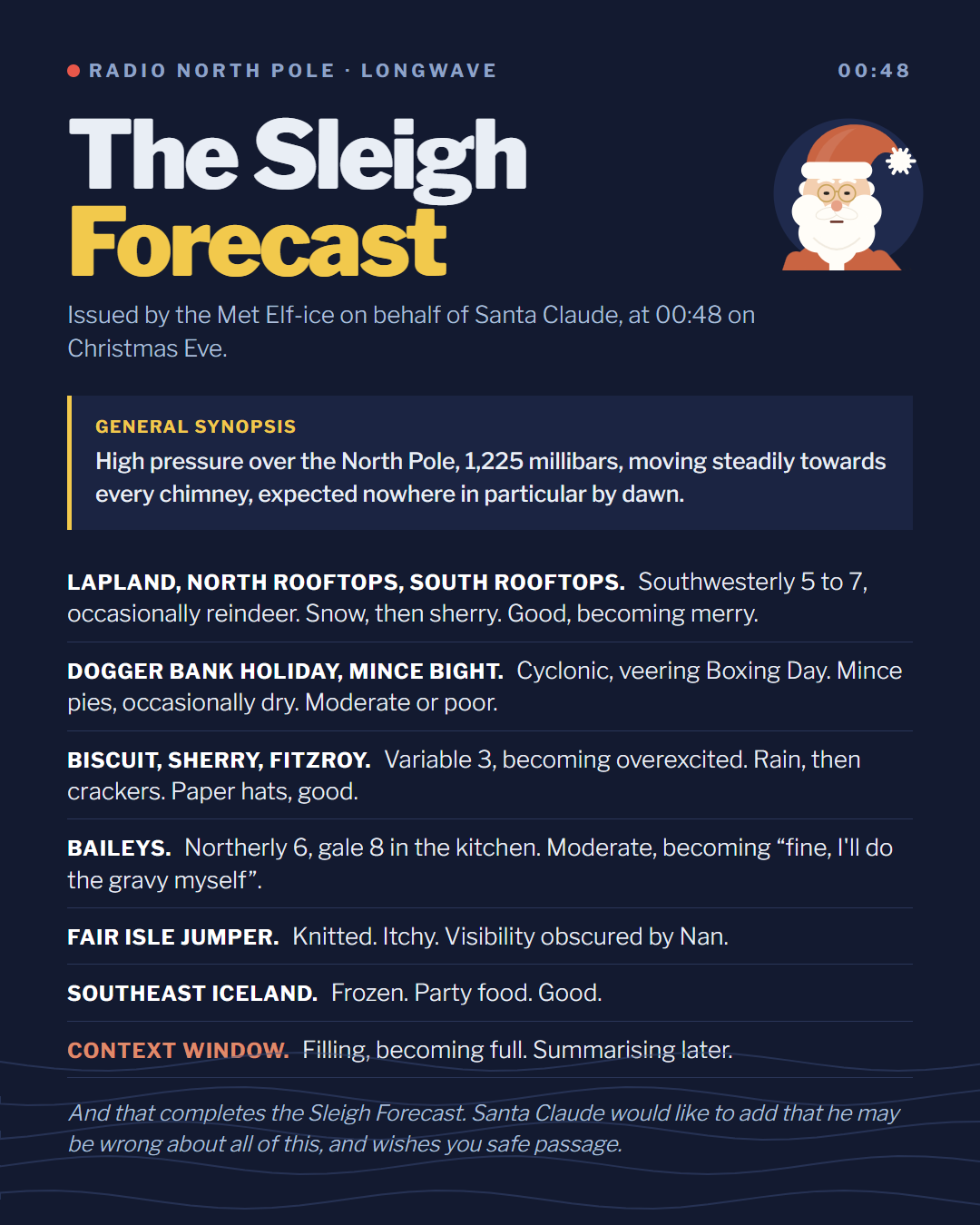 The Sleigh Forecast, a shipping forecast for Christmas Eve